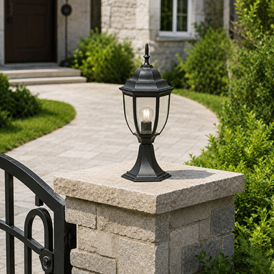 Traditional black metal tapered glass pillar post lantern light on stone brick post for outdoor walkway pathway styling.