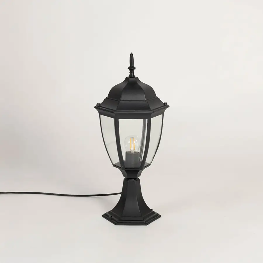 Classic black outdoor pillar lamp with clear glass panels ideal for modern garden patio balcony and driveway lighting.