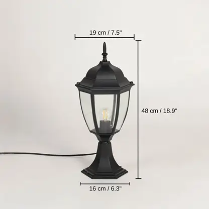 Outdoor pillar lamp in matte black finish with clear glass, 48 x 16 x 19 cm (18.9 x 6.3 x 7.5 inches) dimensions