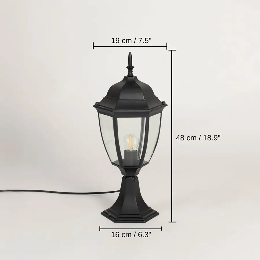 Outdoor pillar lamp in matte black finish with clear glass, 48 x 16 x 19 cm (18.9 x 6.3 x 7.5 inches) dimensions