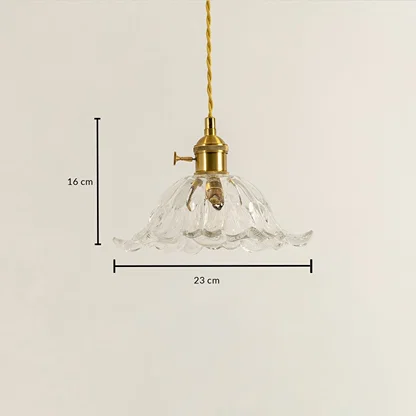 Clear wavy glass and brass pendant light dimension image with 23 cm width and 16 cm height for luxury dining placement.