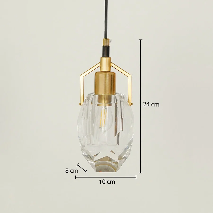 Modern gold glass pendant light measuring 31 cm height 14 cm width and 8 cm top diameter on white background.