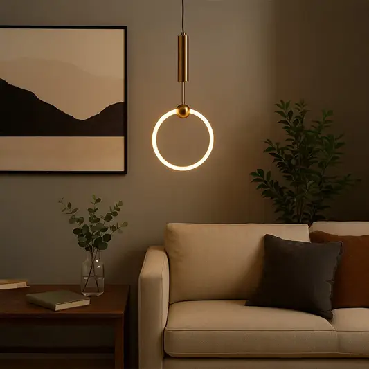 Gold metal ring pendant light creating warm ambient lighting above sofa in a modern living room setting.