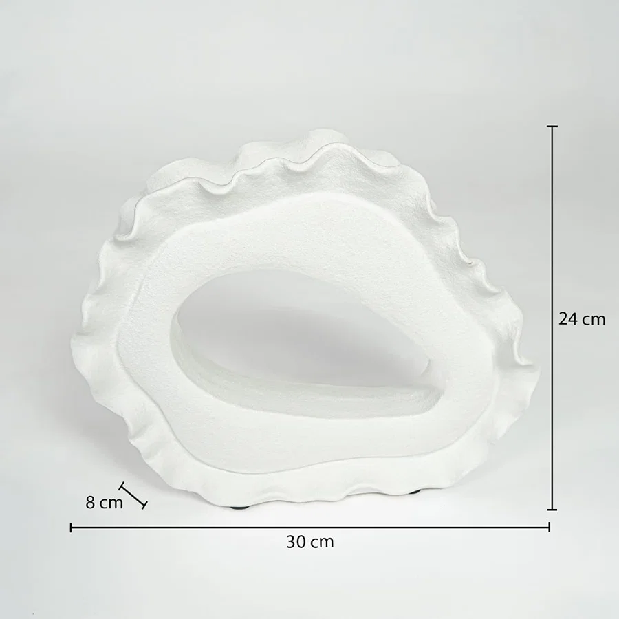 White ceramic decorative bowl with sculptural organic design showing product dimensions for modern home decor displays.