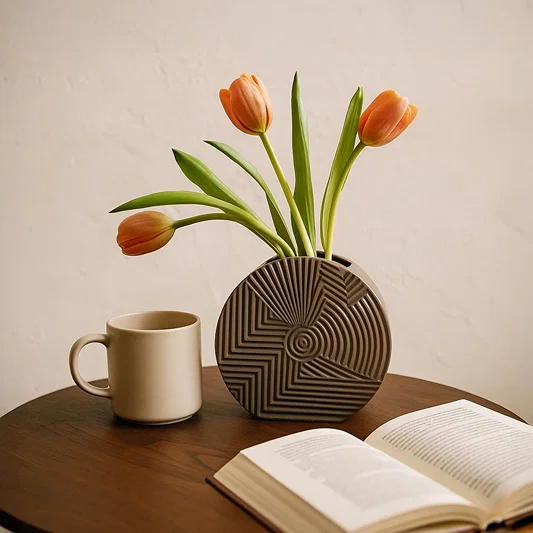Brown ceramic geometric vase with orange tulips on a wooden table next to a coffee mug and open book for cozy home decor.