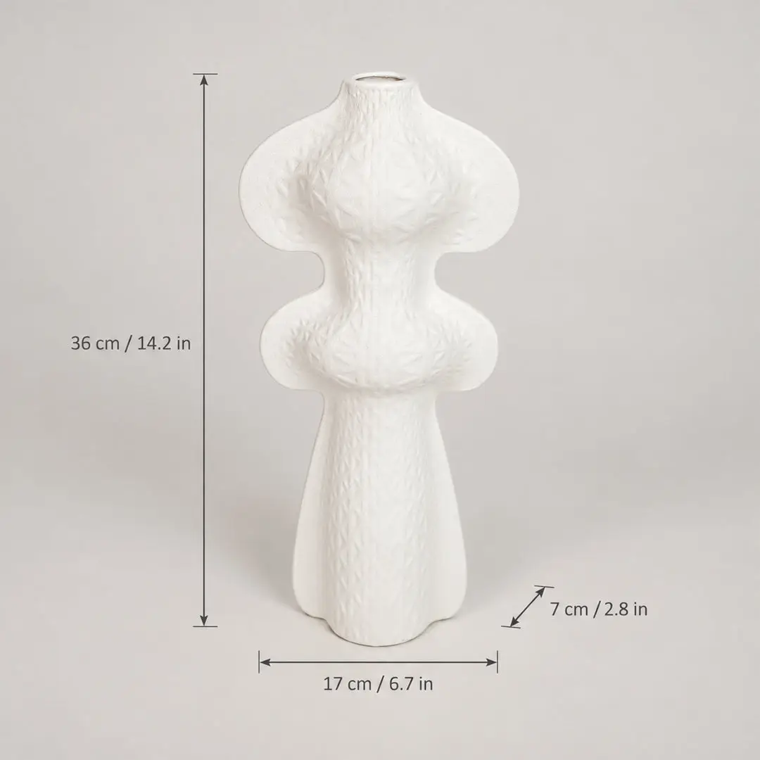 White textured ceramic vase with dimension markings showing height of 36 cm, base width of 17 cm, and depth of 7 cm on a light gray background.