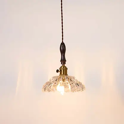 Textured clear glass and brass metal pendant light with warm glow for stylish home interiors.