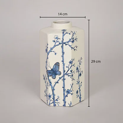 Cream ceramic decorative vase shown with 29 cm height and 14 cm width measurements for accurate tabletop placement planning.
