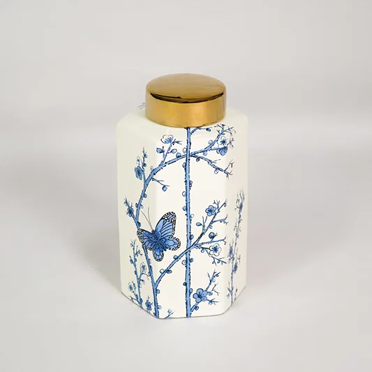 White background image of small mediterranean style jar for elegant tabletop decor styling and modern home interior design.