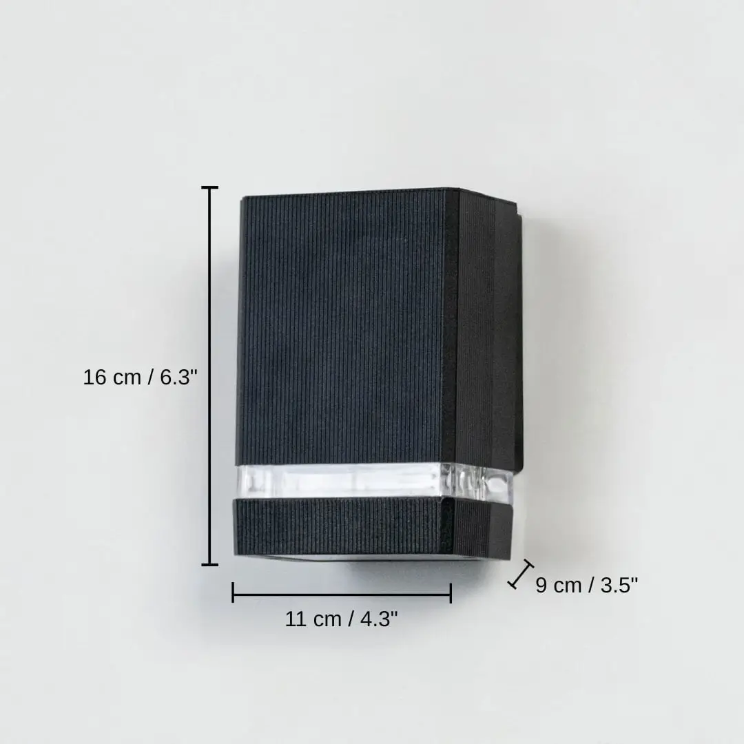 Compact rectangular black wall light, 16 x 11 x 9 cm (6.3 x 4.3 x 3.5 inches) dimensions