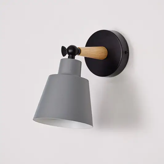 Wall mounted grey metal light switched off with wooden arm and black base displayed on white background showing clean modern design.