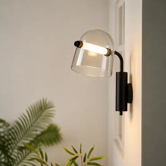 A modern wall-mounted sconce with a clear glass dome shade and a matte black metal body, shown lit against a light neutral wall with blurred green plants in the foreground.