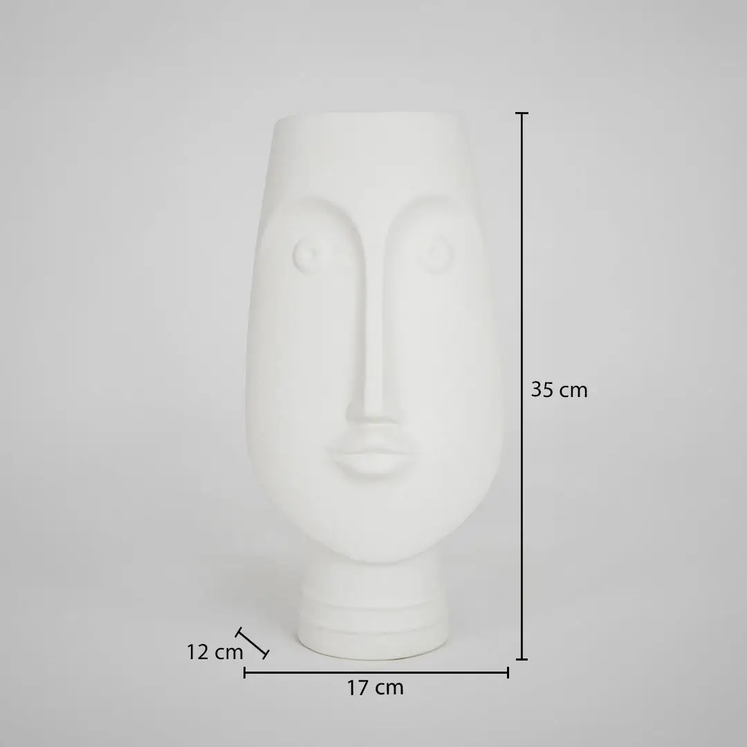 White ceramic face vase dimension image with 35 cm height and 17 cm width for modern table decor.