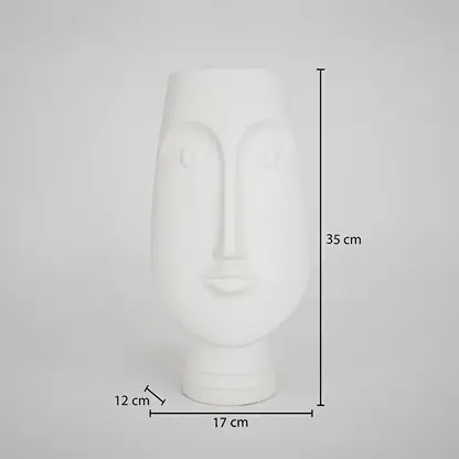 White ceramic face vase dimension image with 35 cm height and 17 cm width for modern table decor.