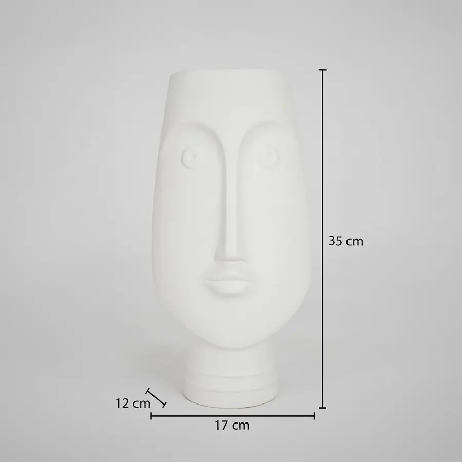 White ceramic face vase dimension image with 35 cm height and 17 cm width for modern table decor.