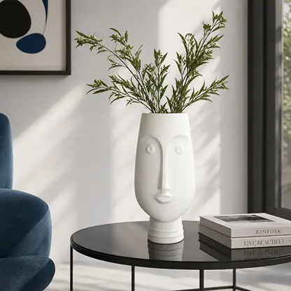 White ceramic face flower vase with green stems placed on side table for modern home decor styling.