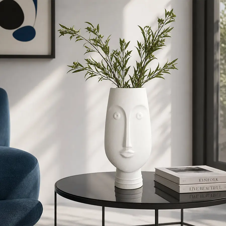 White ceramic face flower vase with green stems placed on side table for modern home decor styling.