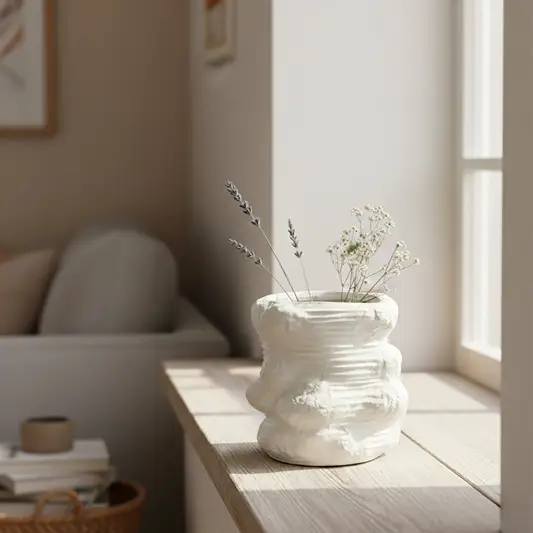White textured ceramic planter styled on floor modern decorative plant pot for living room corner balcony or entry styling home.