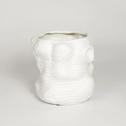 Matte white ceramic face vase with artistic textured design perfect for contemporary home decor shelf table or entryway display.