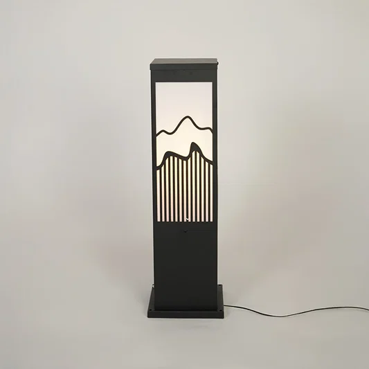 Contemporary outdoor pillar light with geometric metal frame and frosted glass panel on neutral background ideal for modern exterior lighting.

