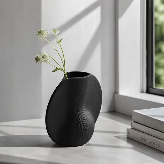 Black textured ceramic flower vase with white blooms placed on marble table for modern home decor styling.