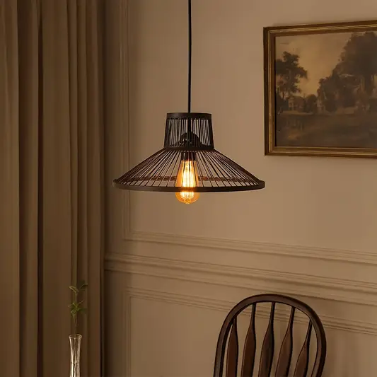 Black metal pendant light above dining area adding rustic industrial charm and cozy ambiance.