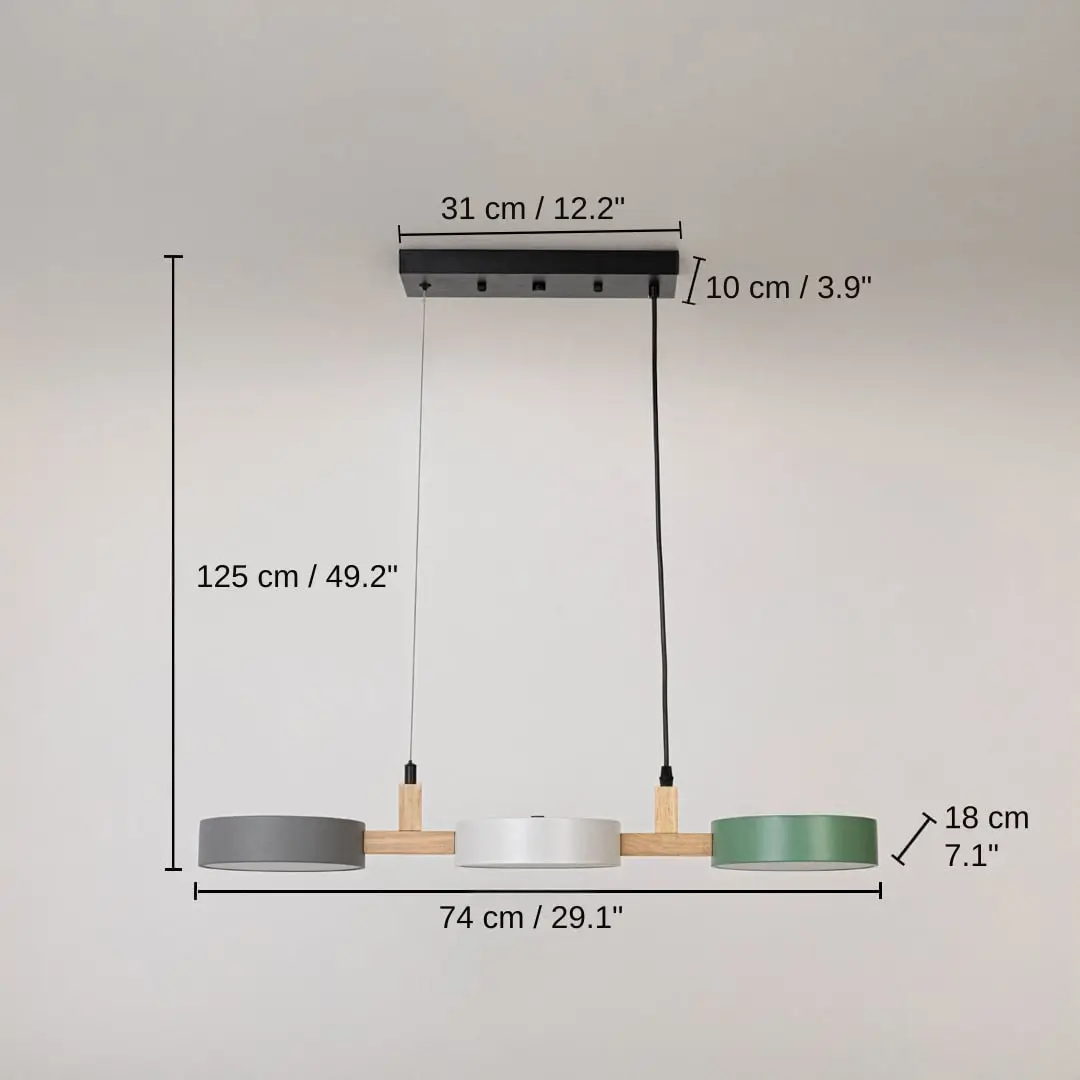Modern multicolor linear pendant light, base 125 x 74 x 18 cm (49.2 x 29.1 x 7.1 inches), canopy 31 x 10 cm (12.2 x 3.9 inches) dimensions
