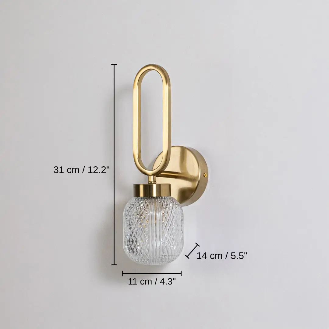 Gold wall sconce with oval loop frame and textured glass shade, base 31 x 11 x 14 cm (12.2 x 4.3 x 5.5 inches), canopy 10 x 10 cm (3.9 x 3.9 inches) dimensions