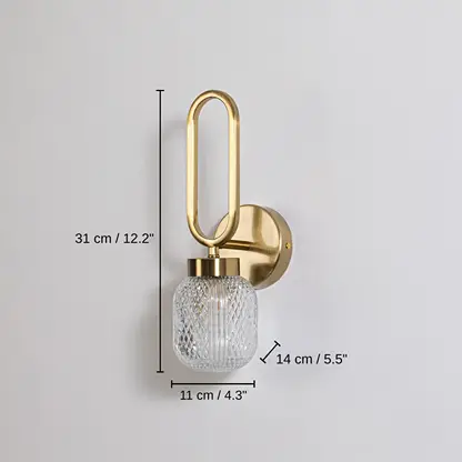 Gold wall sconce with oval loop frame and textured glass shade, base 31 x 11 x 14 cm (12.2 x 4.3 x 5.5 inches), canopy 10 x 10 cm (3.9 x 3.9 inches) dimensions