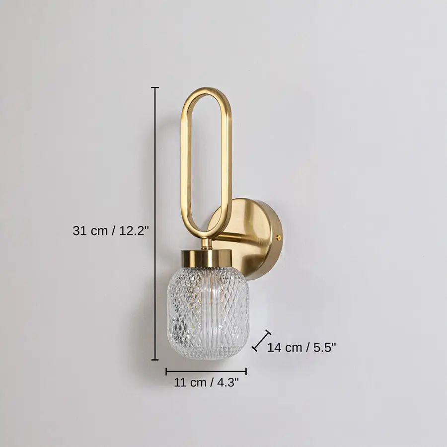 Gold wall sconce with oval loop frame and textured glass shade, base 31 x 11 x 14 cm (12.2 x 4.3 x 5.5 inches), canopy 10 x 10 cm (3.9 x 3.9 inches) dimensions