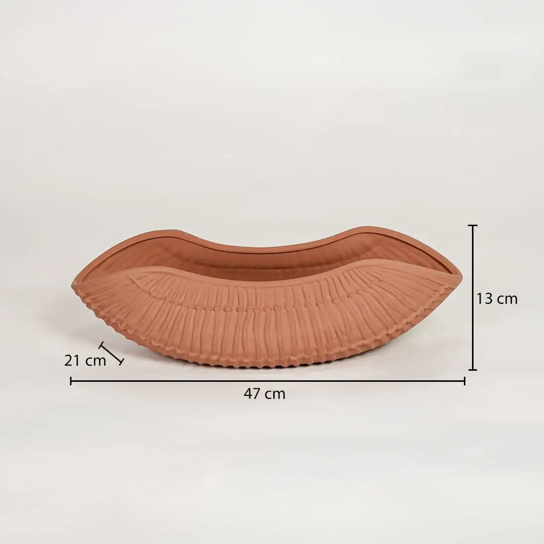Terracotta ceramic decorative shell bowl showing 47 cm length 21 cm width and 13 cm height ideal for dining table centerpiece decor.