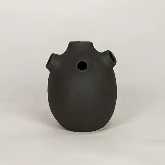 Black ceramic decorative vase with matte textured finish for modern tabletop shelf and console decor placement.