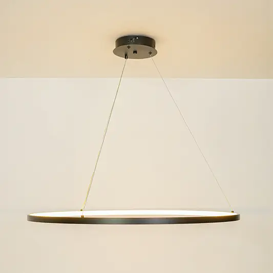 Contemporary slim linear pendant light with cable suspension hanging against clean white ceiling background ideal for modern home lighting.
