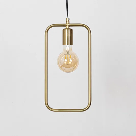 Amber glass and gold metal pendant light with rectangular frame for modern dining room decor.