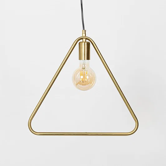 Gold metal triangle pendant light with exposed bulb designed for stylish modern home decor spaces.