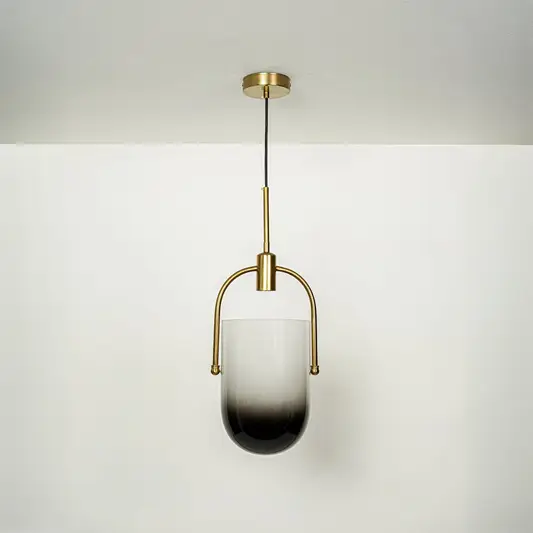 Minimalist frosted glass pendant light with polished gold fittings designed for stylish interiors.