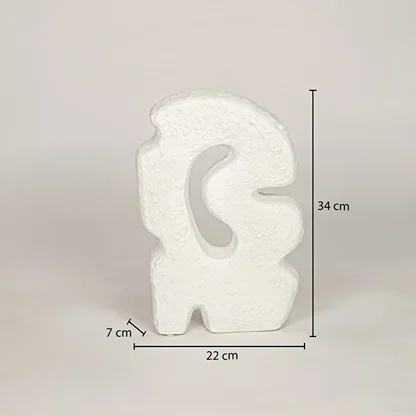 White ceramic abstract decor sculpture measuring 34 cm height and 22 cm width for modern tabletop placement.