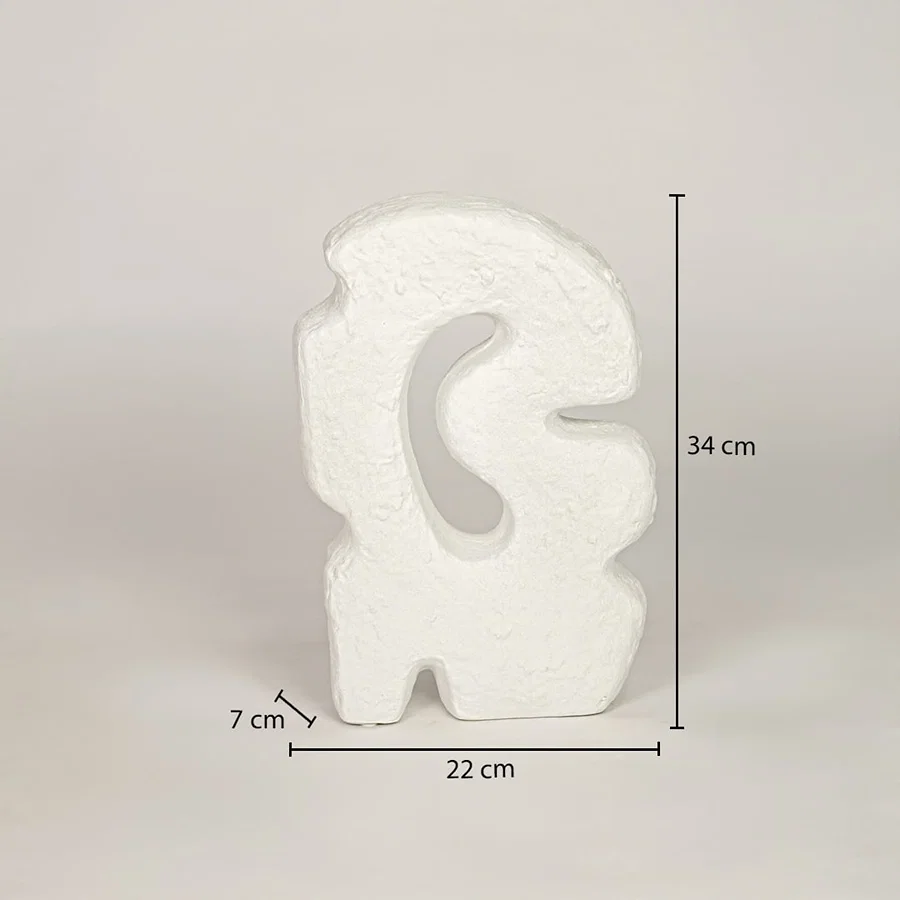 White ceramic abstract decor sculpture measuring 34 cm height and 22 cm width for modern tabletop placement.