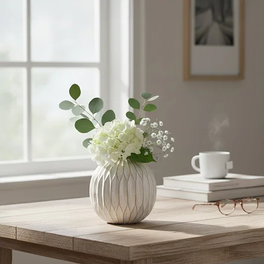 Round carved vase placed on a wooden table with fresh white flowers and green leaves in a cozy sunlit living room.