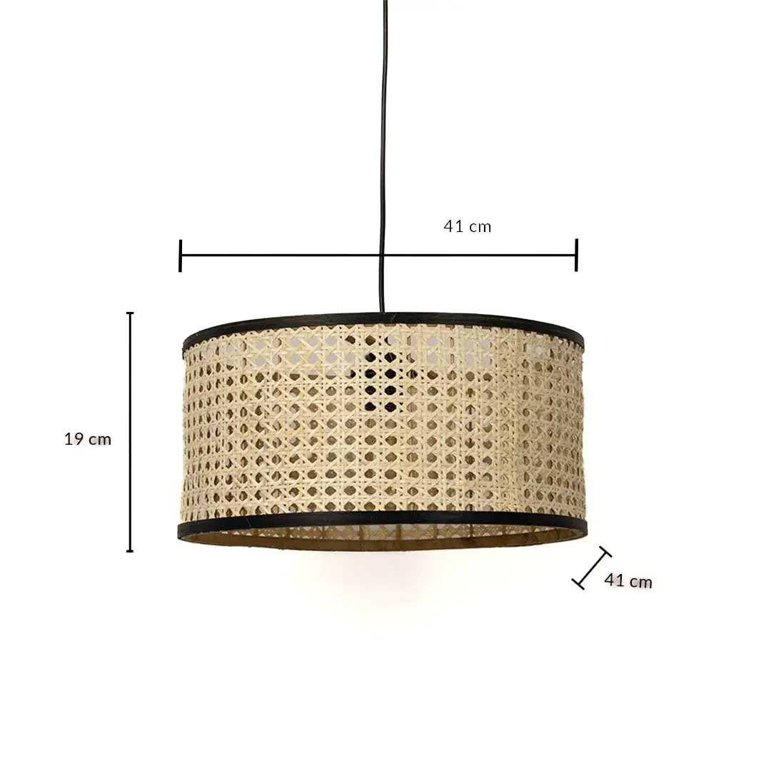 Dimension image of cane webbing drum pendant light fixture with black metal borders showing 19 cm height and 41 cm width.