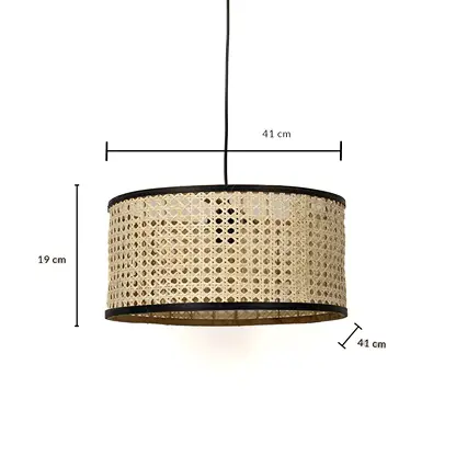 Dimension image of cane webbing drum pendant light fixture with black metal borders showing 19 cm height and 41 cm width.