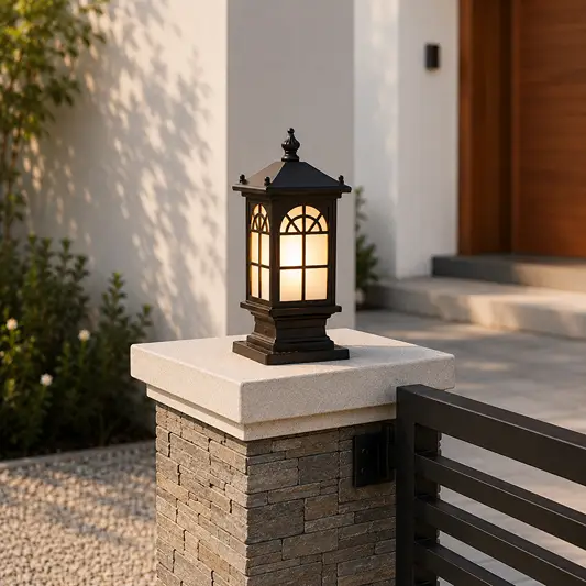 Vintage black metal ornate tower grid glass post lantern light on stone brick pillar post for home entryway path styling.