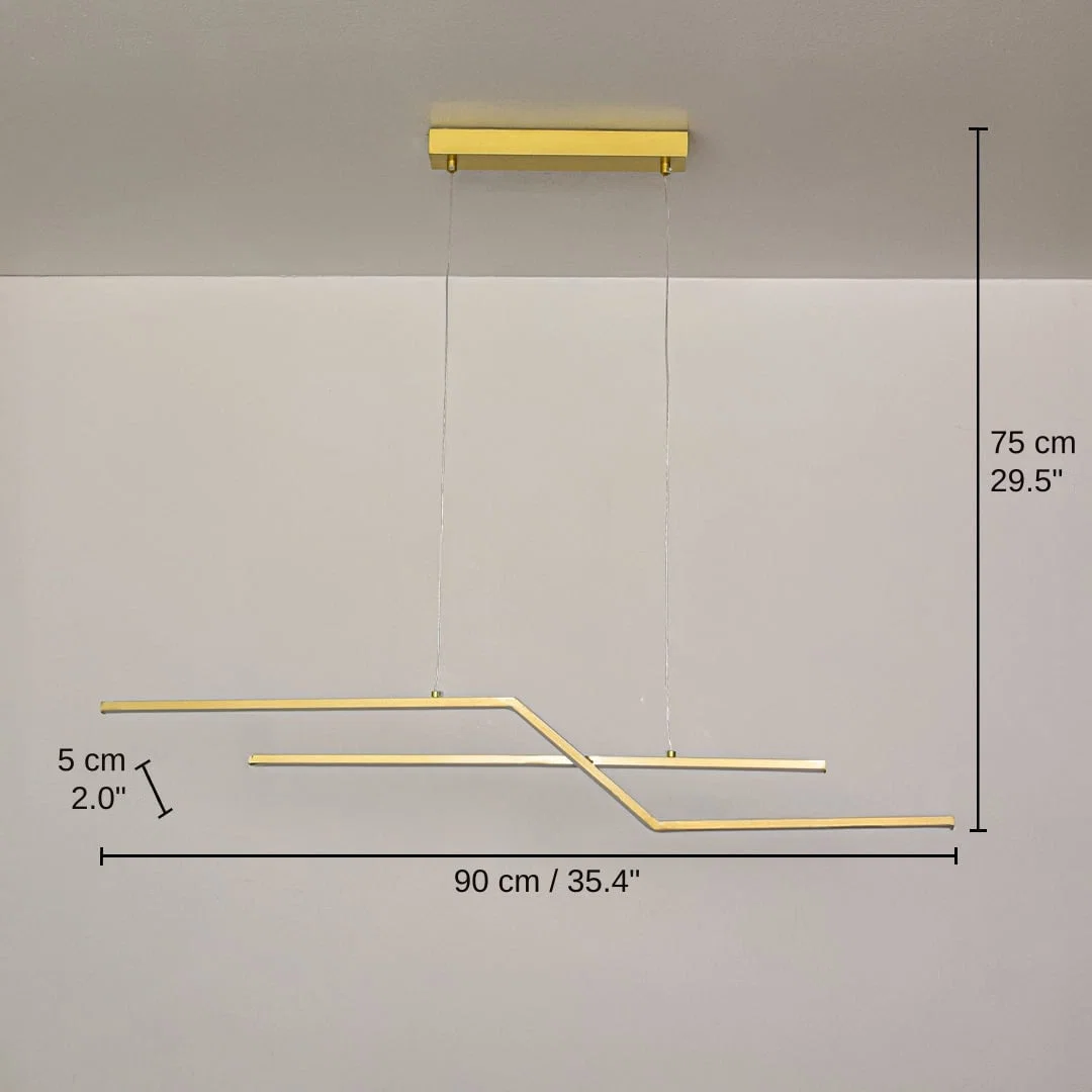 Gold metal linear pendant light, 75 x 90 x 5 cm (29.5 x 35.4 x 2.0 inches) dimensions