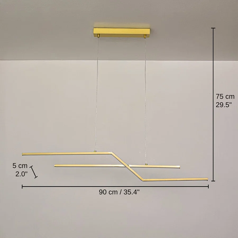 Gold metal linear pendant light, 75 x 90 x 5 cm (29.5 x 35.4 x 2.0 inches) dimensions