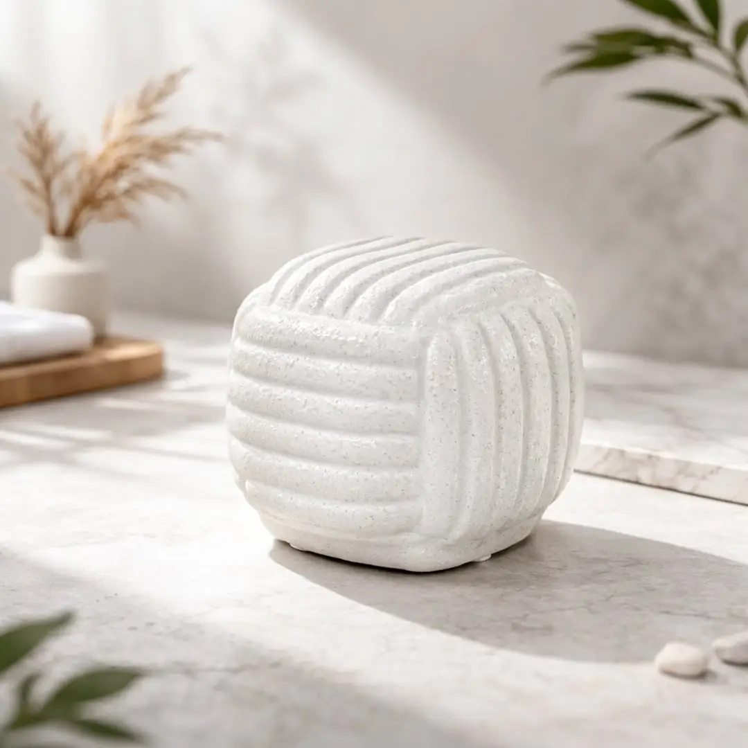 White ceramic textured decorative jar placed on coffee table creating soft and elegant home decor accent.