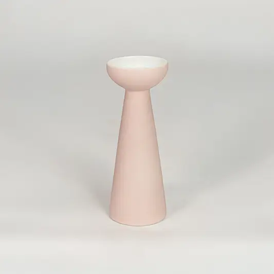 Tall minimalist matte pastel pink pedestal vase for modern home decor and elegant tabletop shelf styling needs.