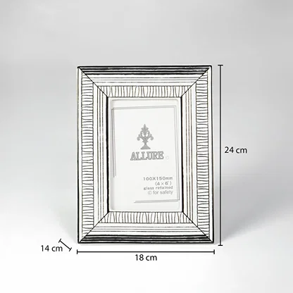 Silver metal photo frame dimension image with 24 cm height and 18 cm width for elegant table decor.