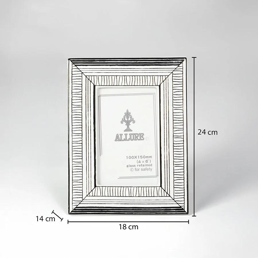 Silver metal photo frame dimension image with 24 cm height and 18 cm width for elegant table decor.
