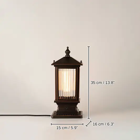 Black outdoor gate light with warm glowing bulb for elegant modern exterior decor styling use, 35 x 15 x 16 cm (13.8 x 5.9 x 6.3 inches) dimensions