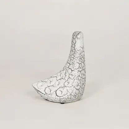 White ceramic bird figurine with crackled textured finish for modern shelf tabletop and console decor placement.